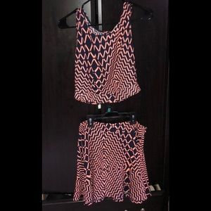 Pink and navy crop top/skirt set perfect condition